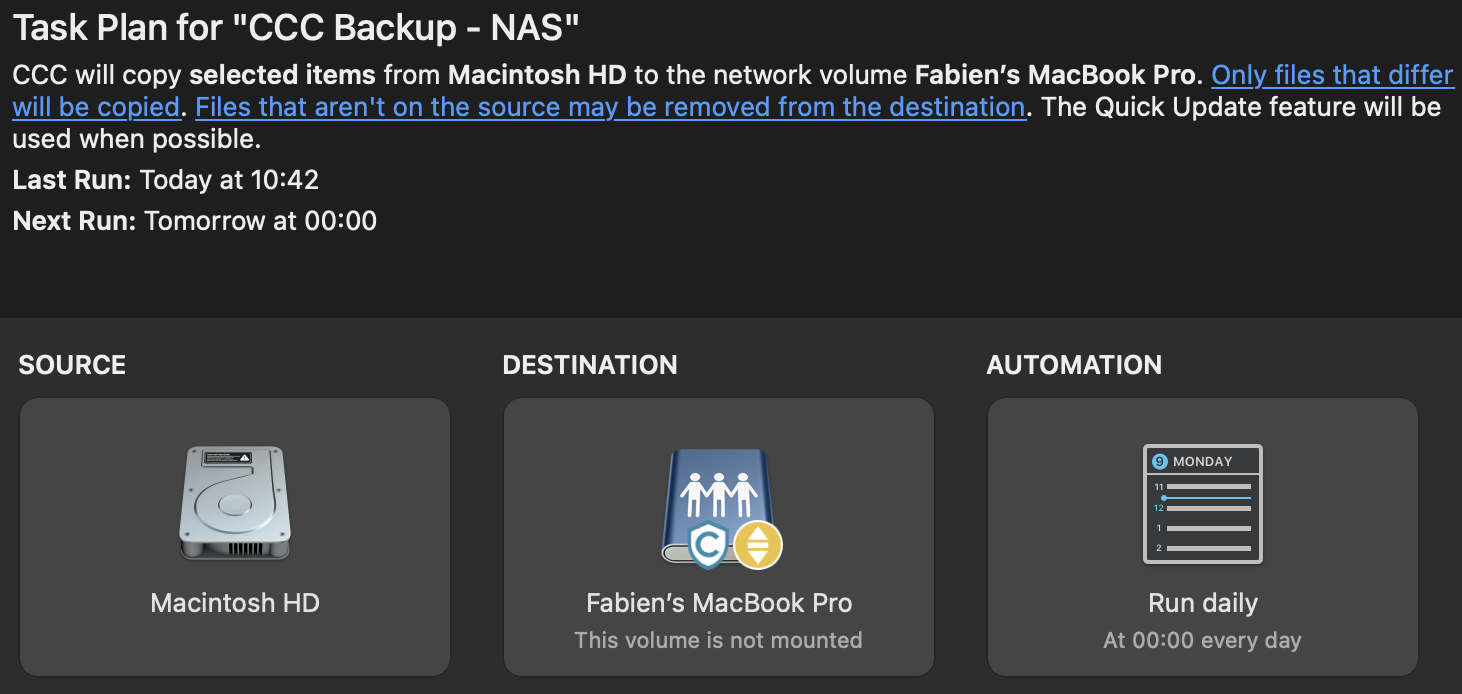 Tache : CCC Backup - NAS | Sauvegarde de mon dossier utilisateur | SafetyNet : On