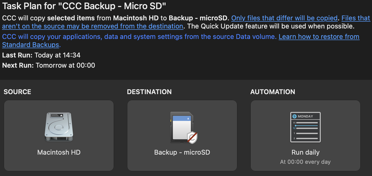 Tache : CCC Backup - Micro SD | Sauvegarde de mon dossier utilisateur | SafetyNet : Off