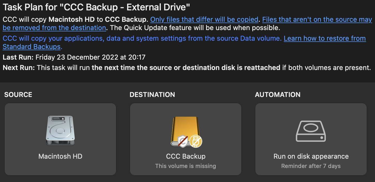 Tache : CCC Backup - External Drive | Sauvegarde complète du MacBook | SafetyNet : Off