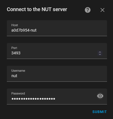 Int&eacute;gration NUT - Connexion au serveur NUT - Description des champs &agrave; remplir en dessous