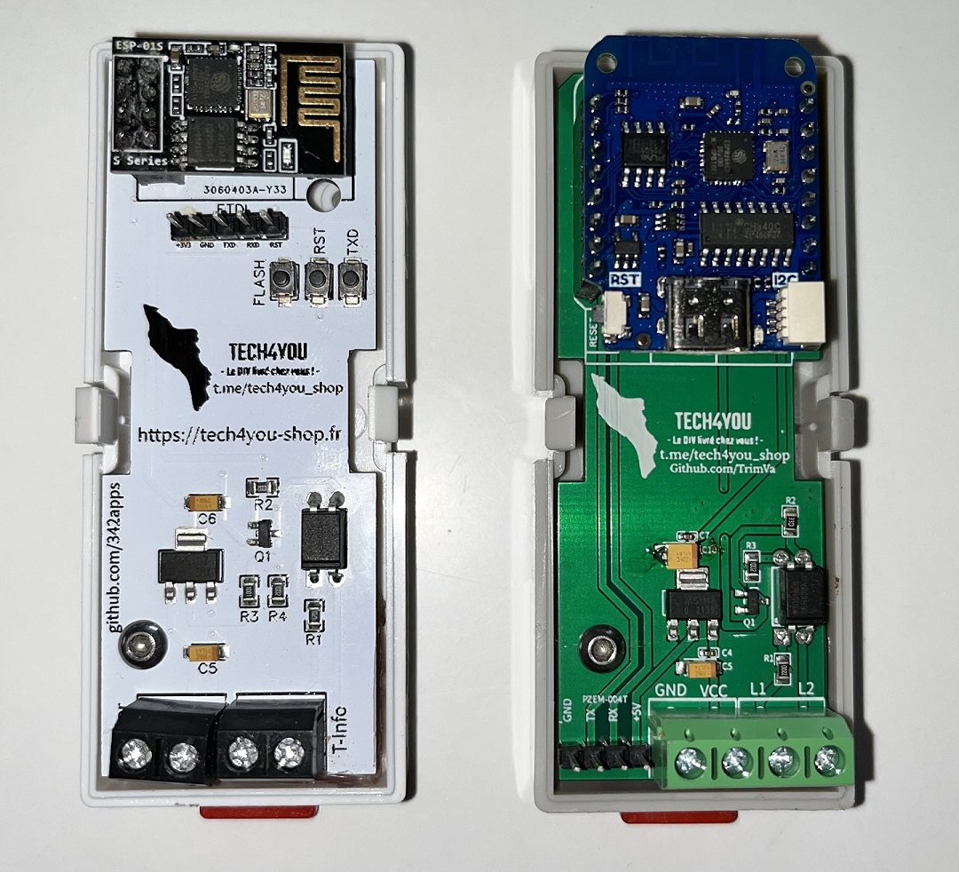 Modules T-InfoDIN : v1.0 &agrave; gauche et v1.4 &agrave; droite