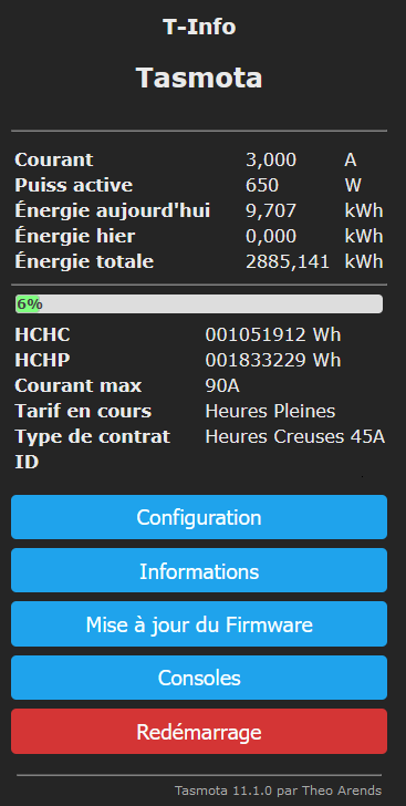 Module T-InfoDIN affichant les informations de la t&eacute;l&eacute;information apr&egrave;s la configuration